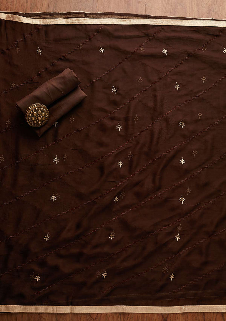 Brown Threadwork Georgette Designer Unstitched Salwar Suit - Koskii