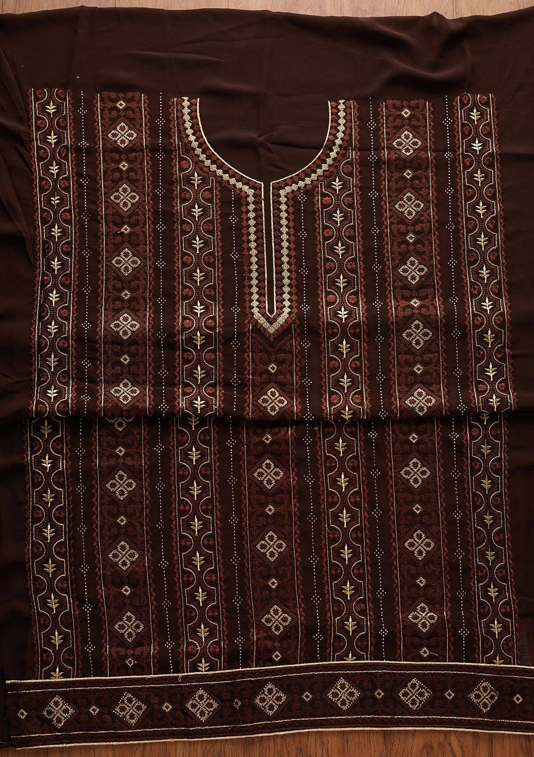 Brown Threadwork Georgette Designer Unstitched Salwar Suit - Koskii