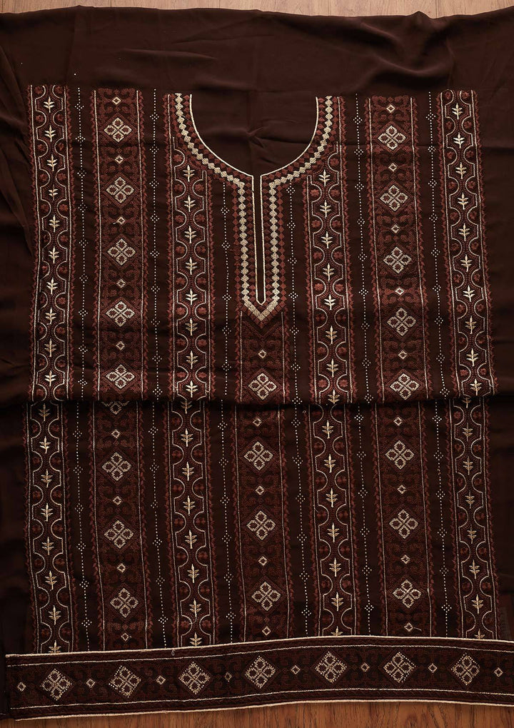 Brown Threadwork Georgette Designer Unstitched Salwar Suit - Koskii