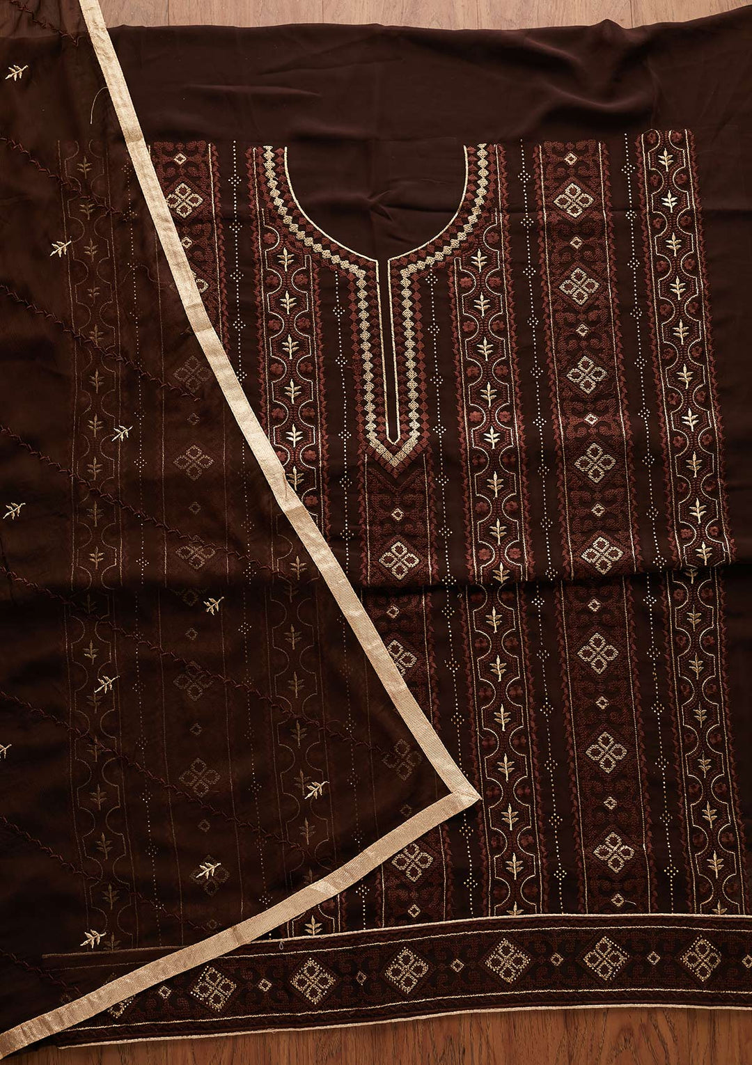 Brown Threadwork Georgette Designer Unstitched Salwar Suit - Koskii
