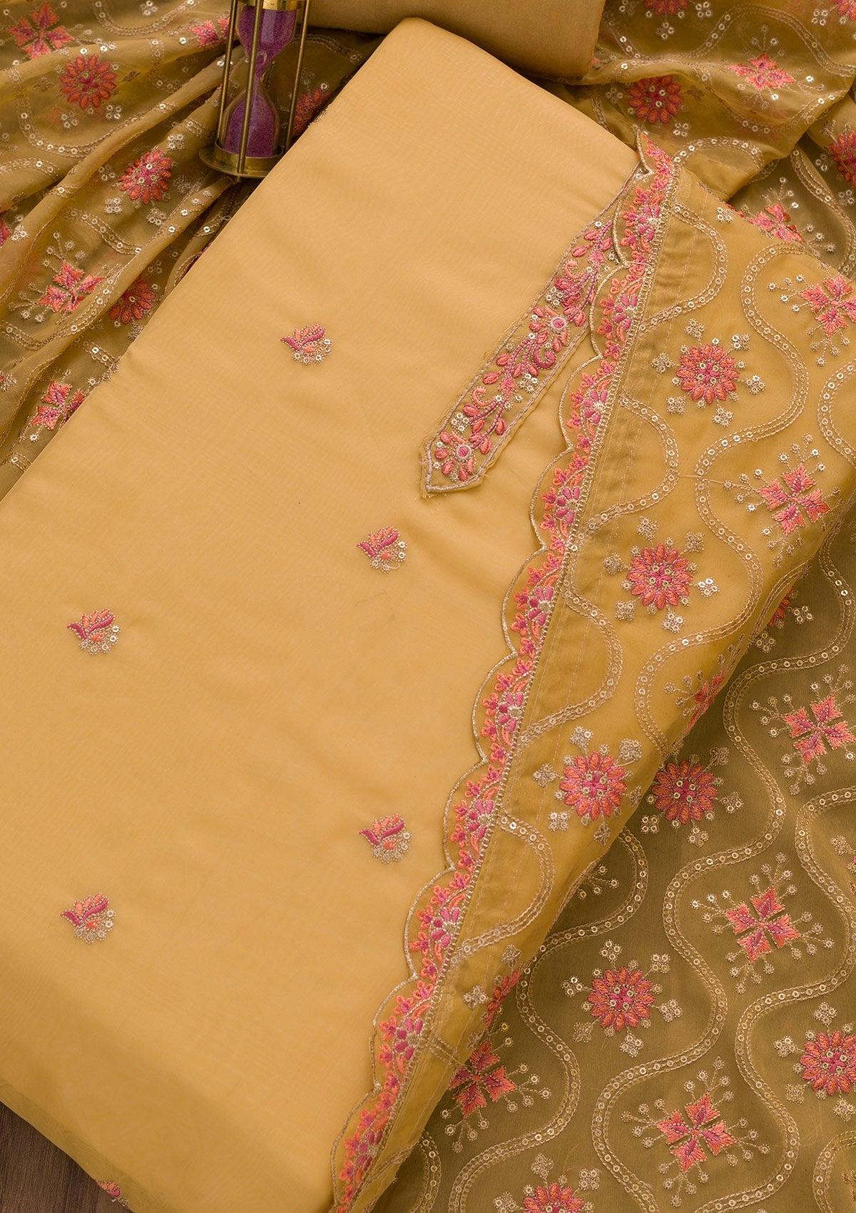 Brown Threadwork Tissue Unstitched Salwar Suit-Koskii