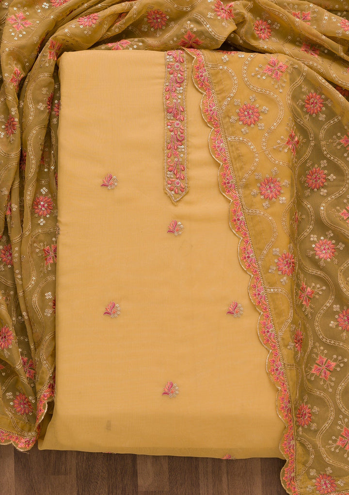 Brown Threadwork Tissue Unstitched Salwar Suit-Koskii