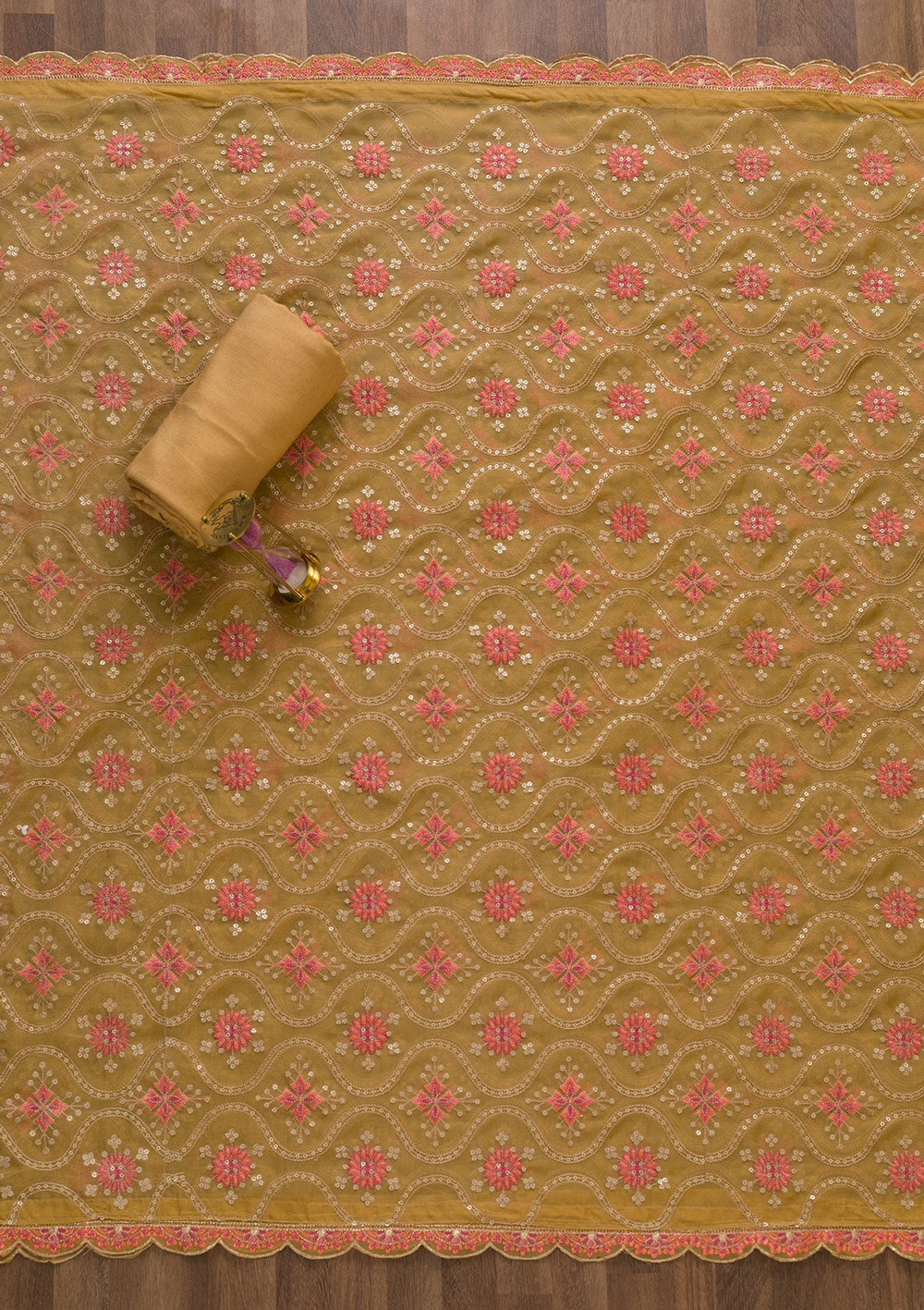 Brown Threadwork Tissue Unstitched Salwar Suit-Koskii
