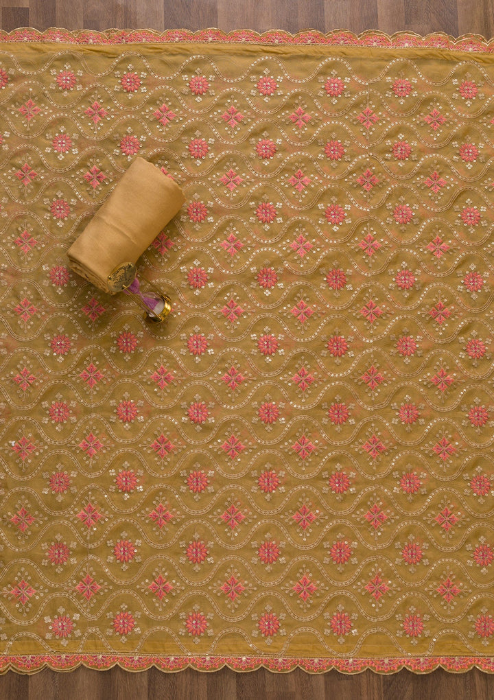 Brown Threadwork Tissue Unstitched Salwar Suit-Koskii