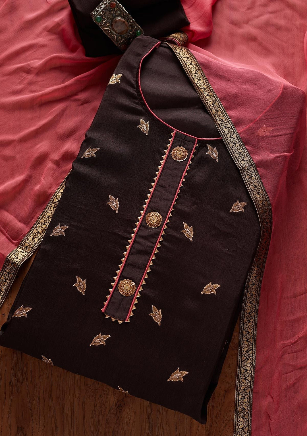 Brown Zariwork Art Silk Designer Semi-Stitched Salwar Suit - koskii