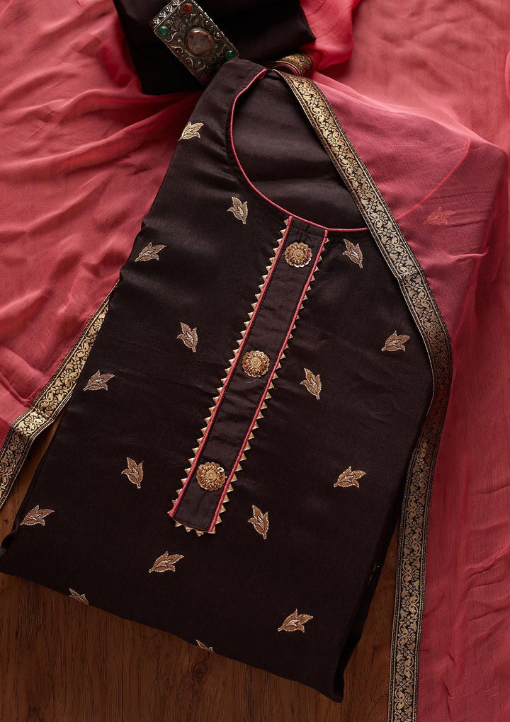 Brown Zariwork Art Silk Designer Semi-Stitched Salwar Suit - koskii