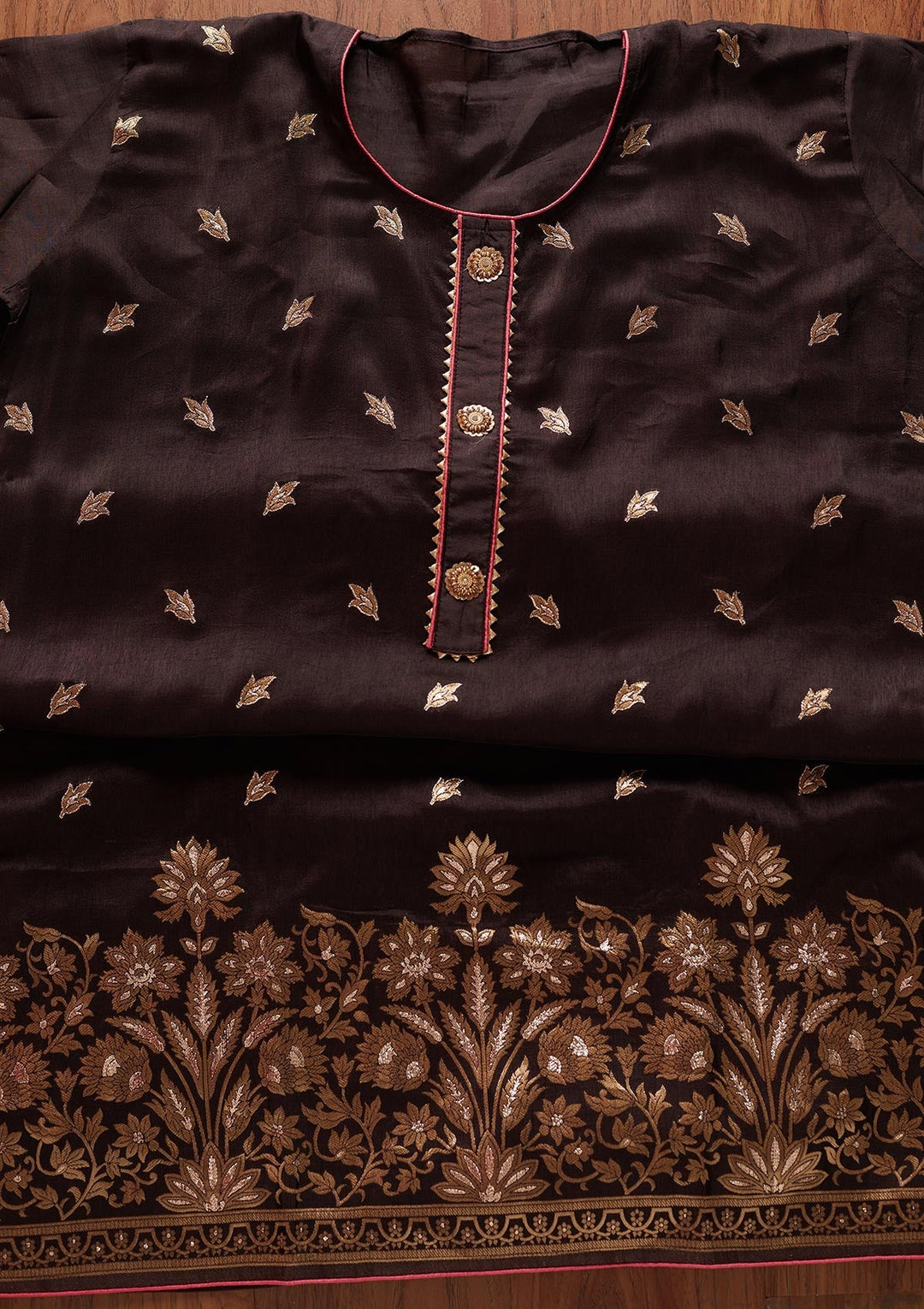 Brown Zariwork Art Silk Designer Semi-Stitched Salwar Suit - koskii
