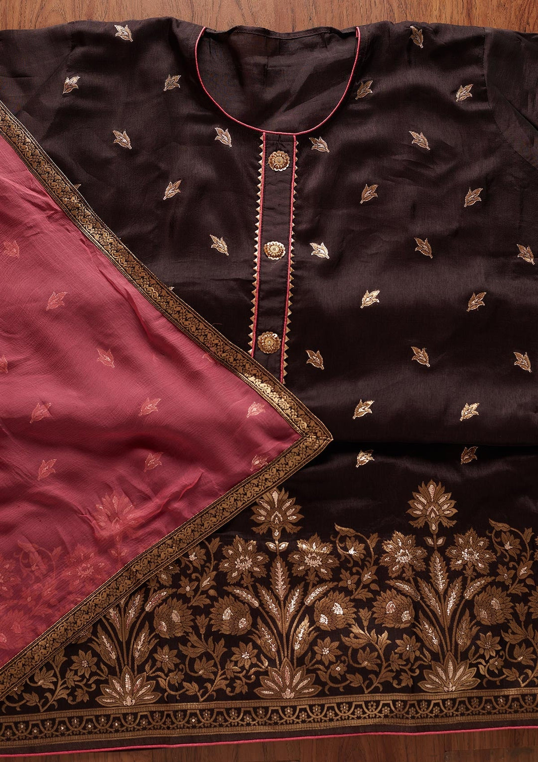 Brown Zariwork Art Silk Designer Semi-Stitched Salwar Suit - koskii