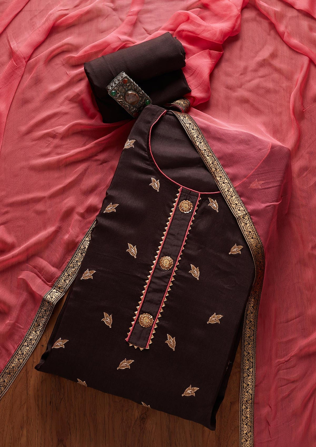 Brown Zariwork Art Silk Designer Semi-Stitched Salwar Suit - koskii