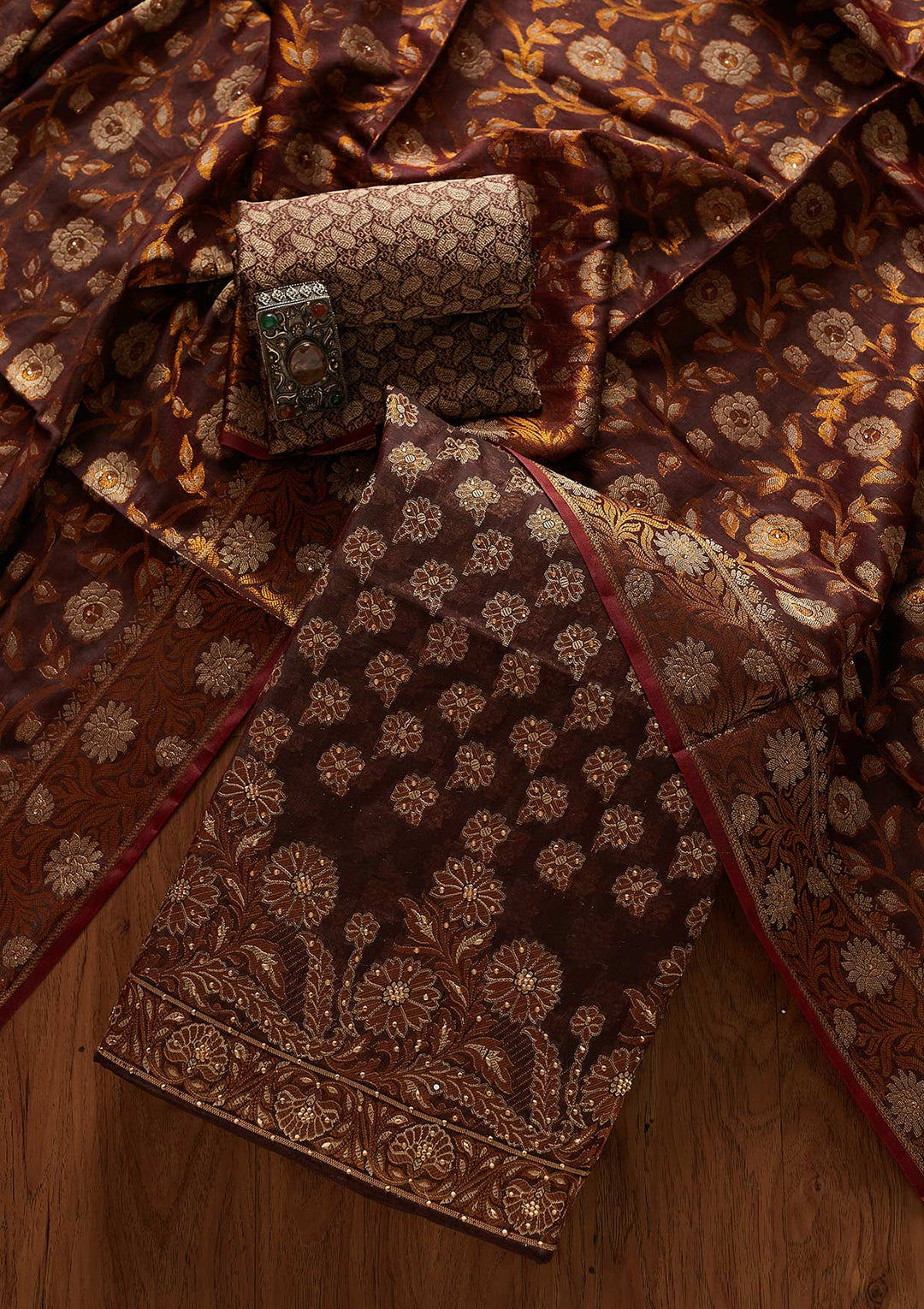 Brown Zariwork Banarasi Designer Unstitched Salwar Suit - koskii
