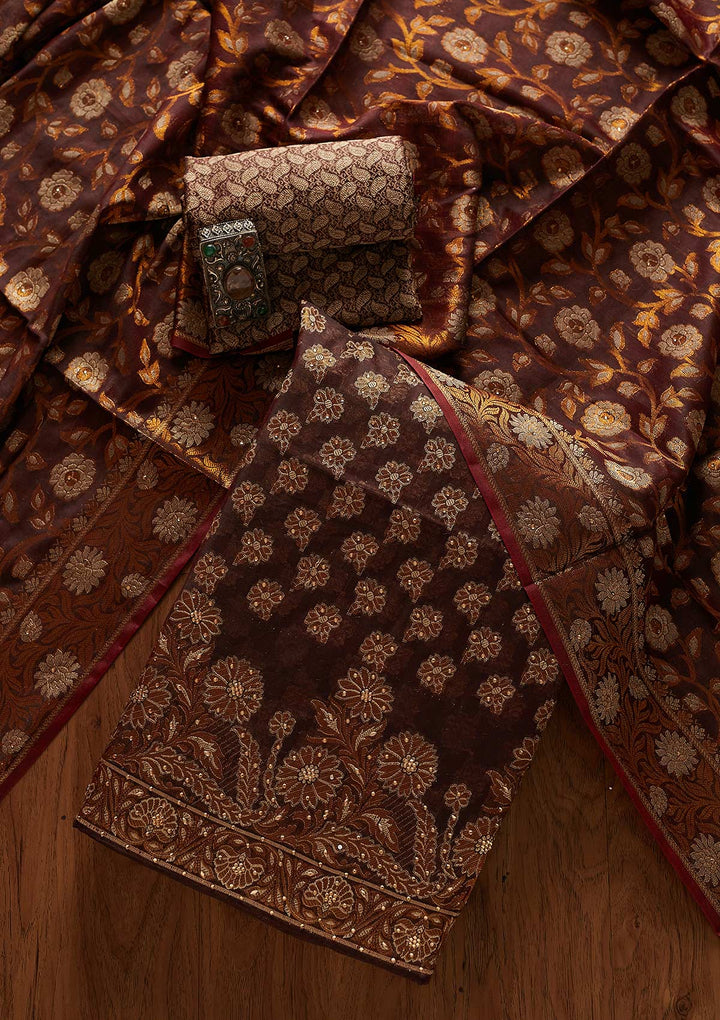 Brown Zariwork Banarasi Designer Unstitched Salwar Suit - koskii