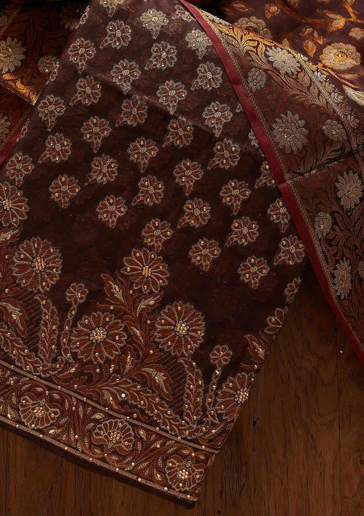 Brown Zariwork Banarasi Designer Unstitched Salwar Suit - koskii