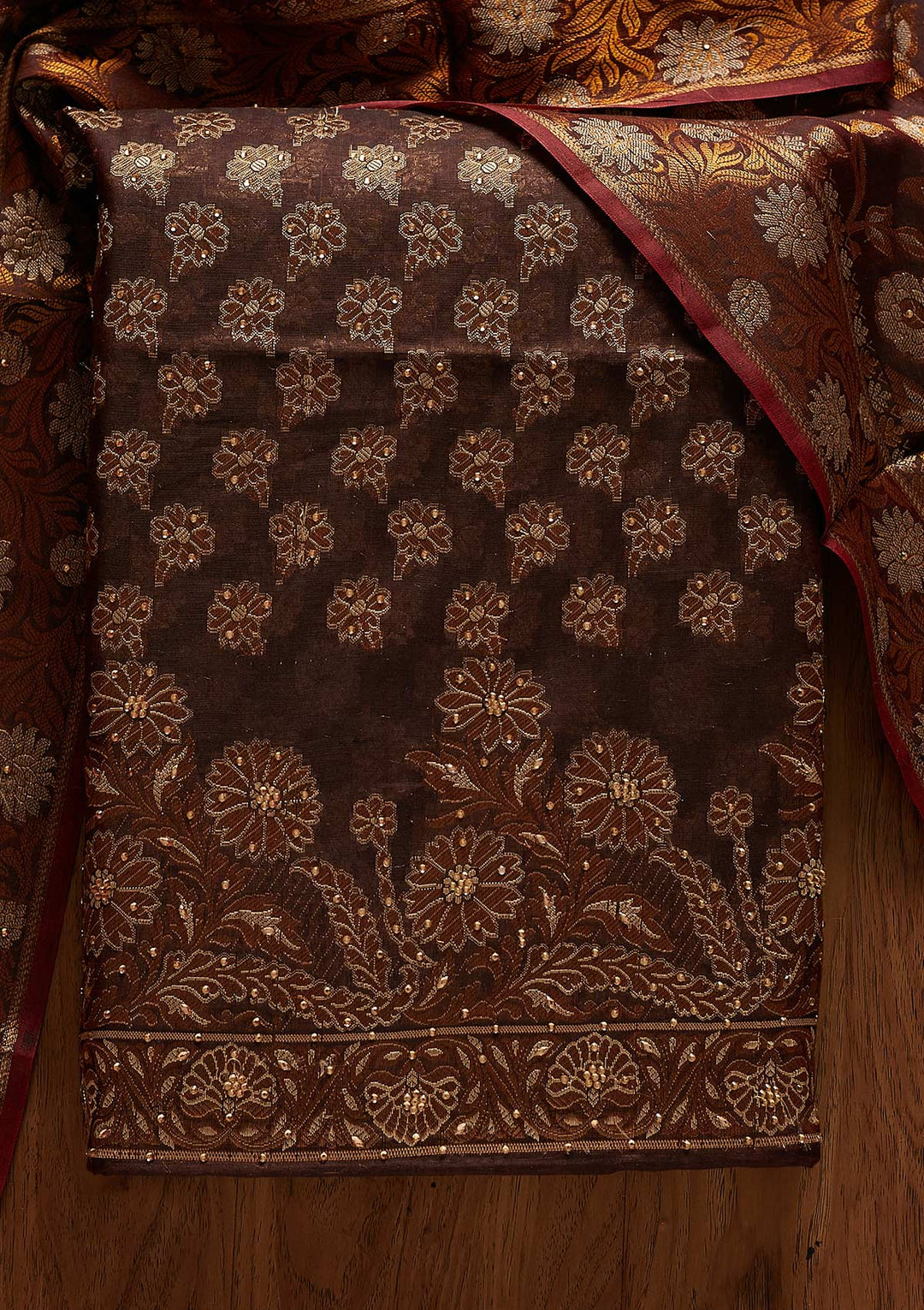 Brown Zariwork Banarasi Designer Unstitched Salwar Suit - koskii