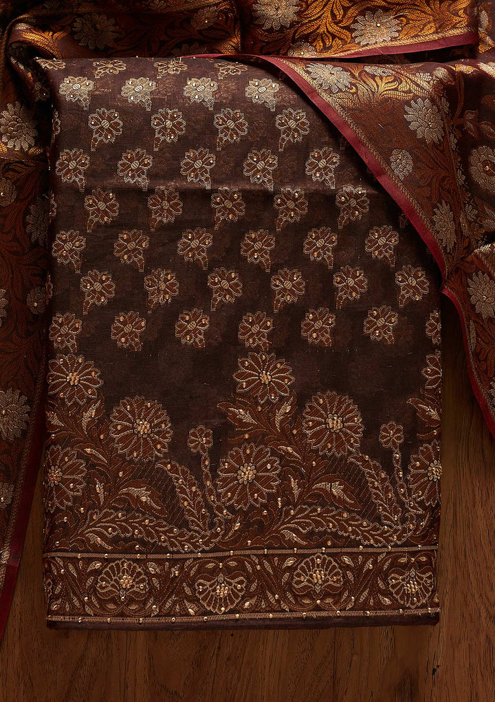 Brown Zariwork Banarasi Designer Unstitched Salwar Suit - koskii