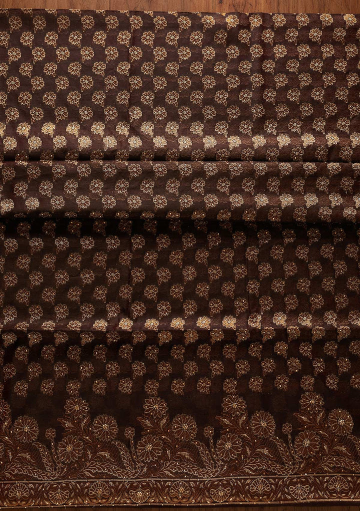 Brown Zariwork Banarasi Designer Unstitched Salwar Suit - koskii