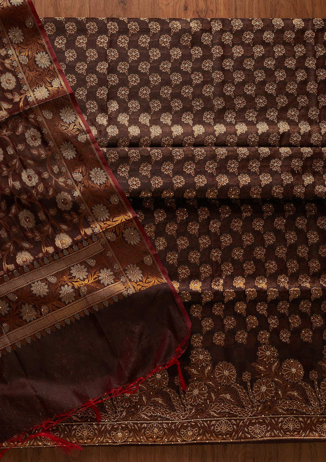 Brown Zariwork Banarasi Designer Unstitched Salwar Suit - koskii