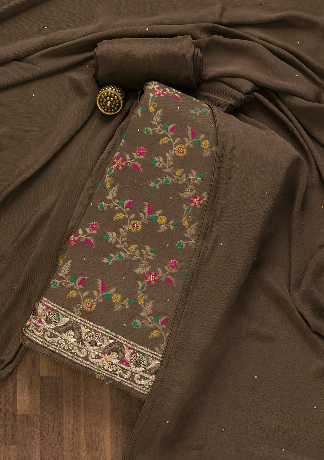Brown Printed Brocade Unstitched Salwar Kameez-Koskii