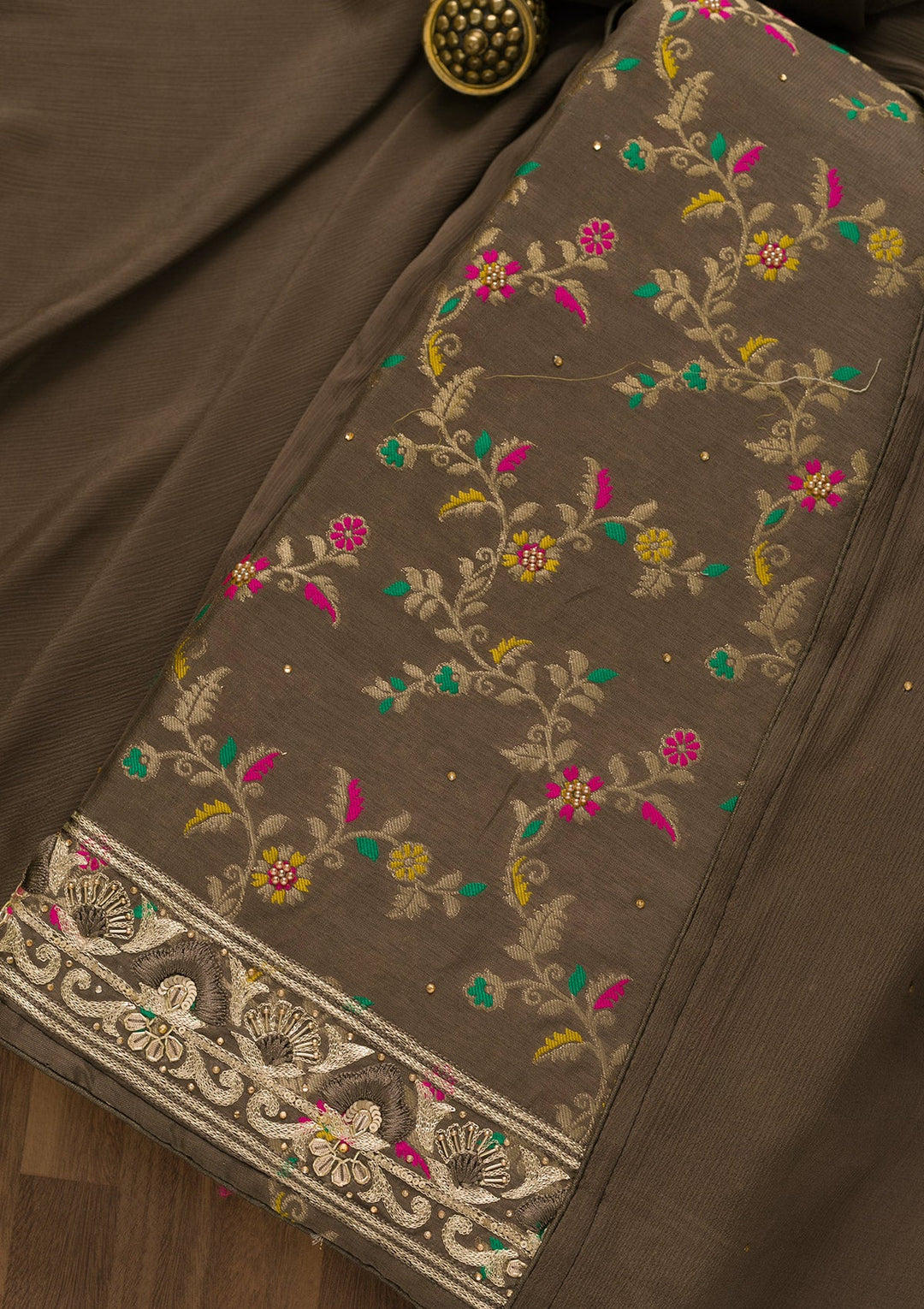 Brown Printed Brocade Unstitched Salwar Kameez-Koskii