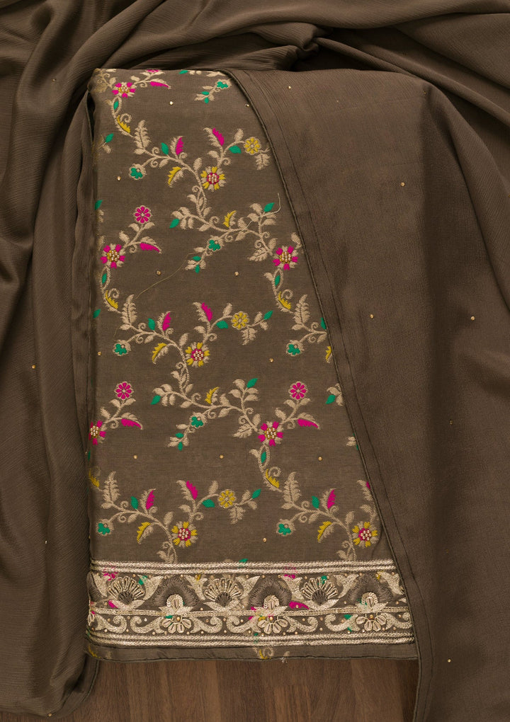 Brown Printed Brocade Unstitched Salwar Kameez-Koskii