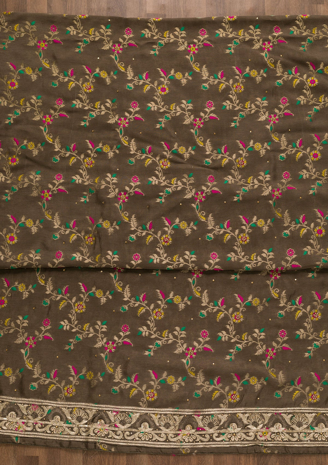 Brown Printed Brocade Unstitched Salwar Kameez-Koskii