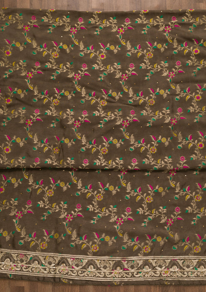 Brown Printed Brocade Unstitched Salwar Kameez-Koskii