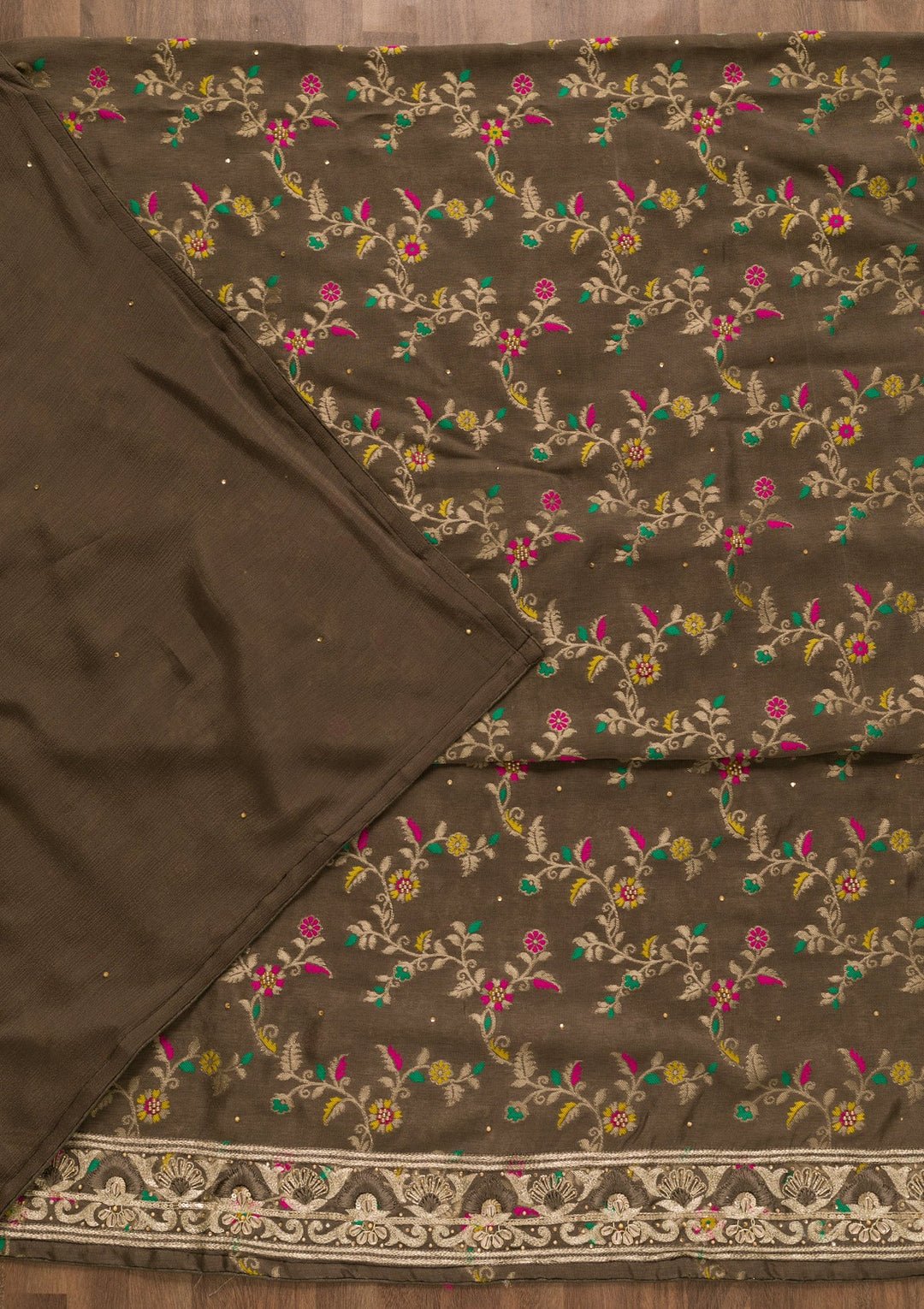 Brown Printed Brocade Unstitched Salwar Kameez-Koskii