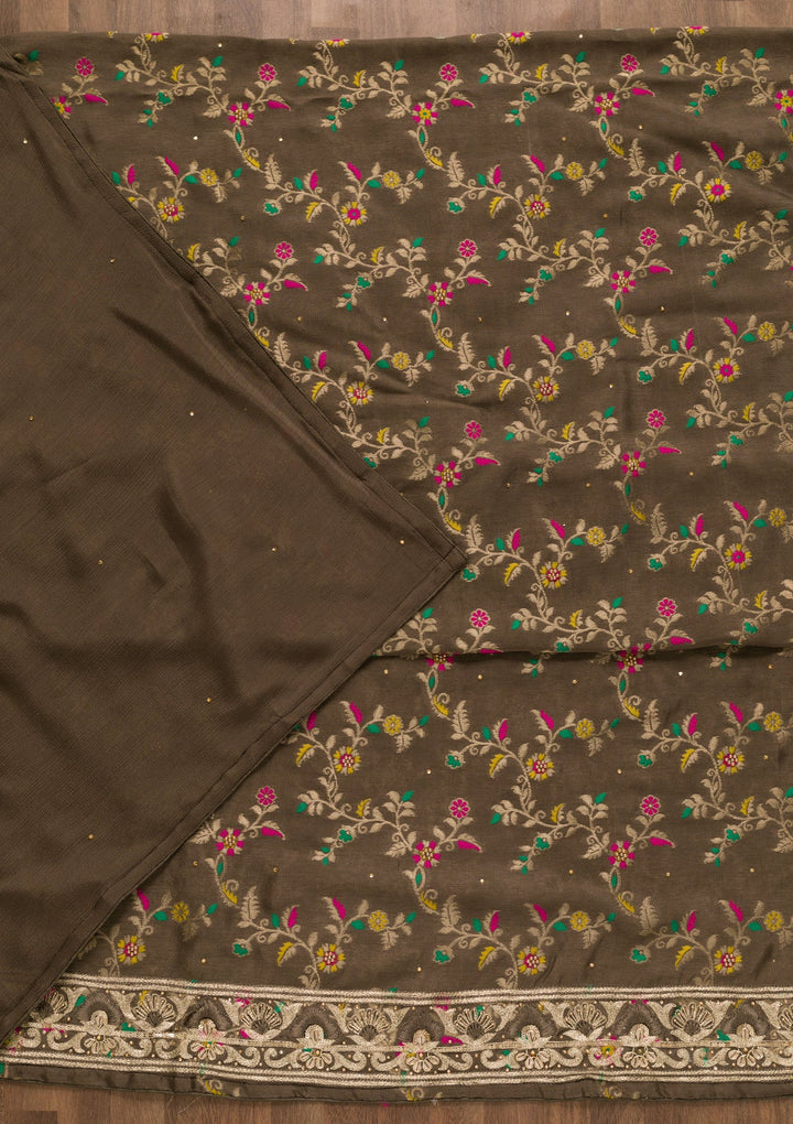 Brown Printed Brocade Unstitched Salwar Kameez-Koskii