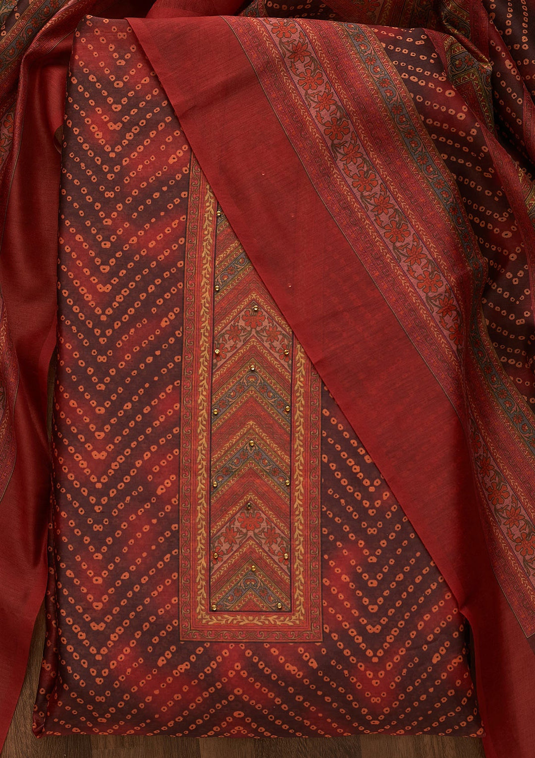 Brown Zariwork Chanderi Unstitched Salwar Suit-Koskii