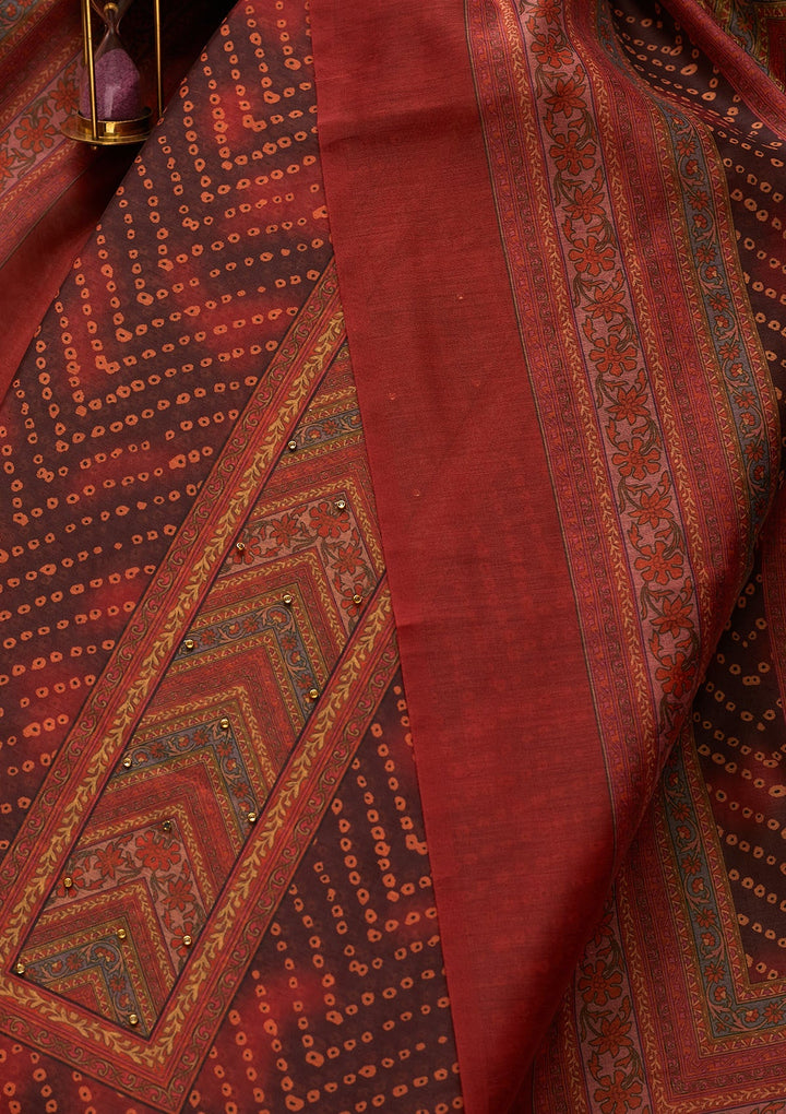 Brown Zariwork Chanderi Unstitched Salwar Suit-Koskii