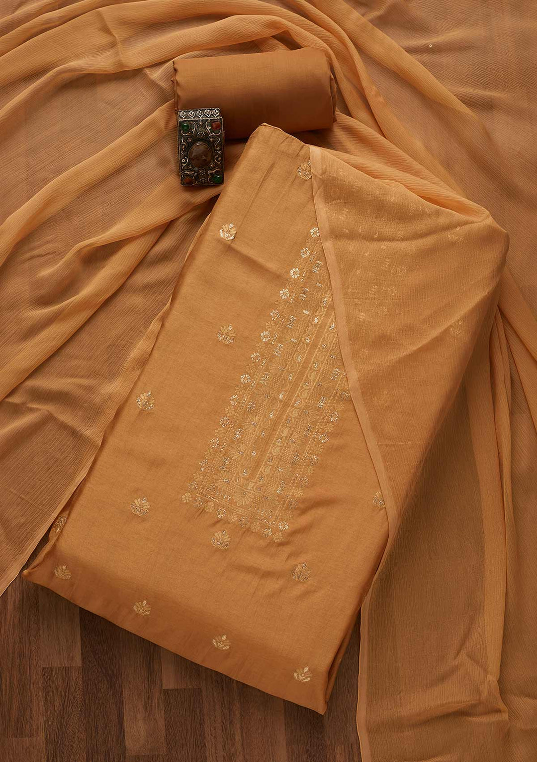 Brown Zariwork Chanderi Unstitched Salwar Suit-Koskii