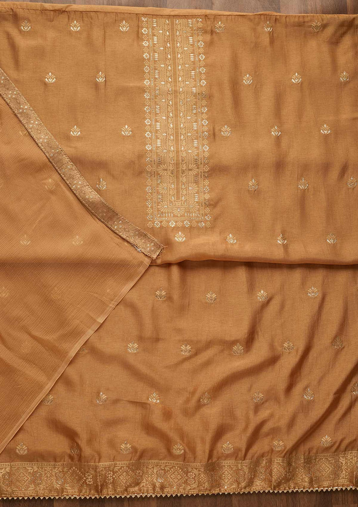 Brown Zariwork Chanderi Unstitched Salwar Suit-Koskii