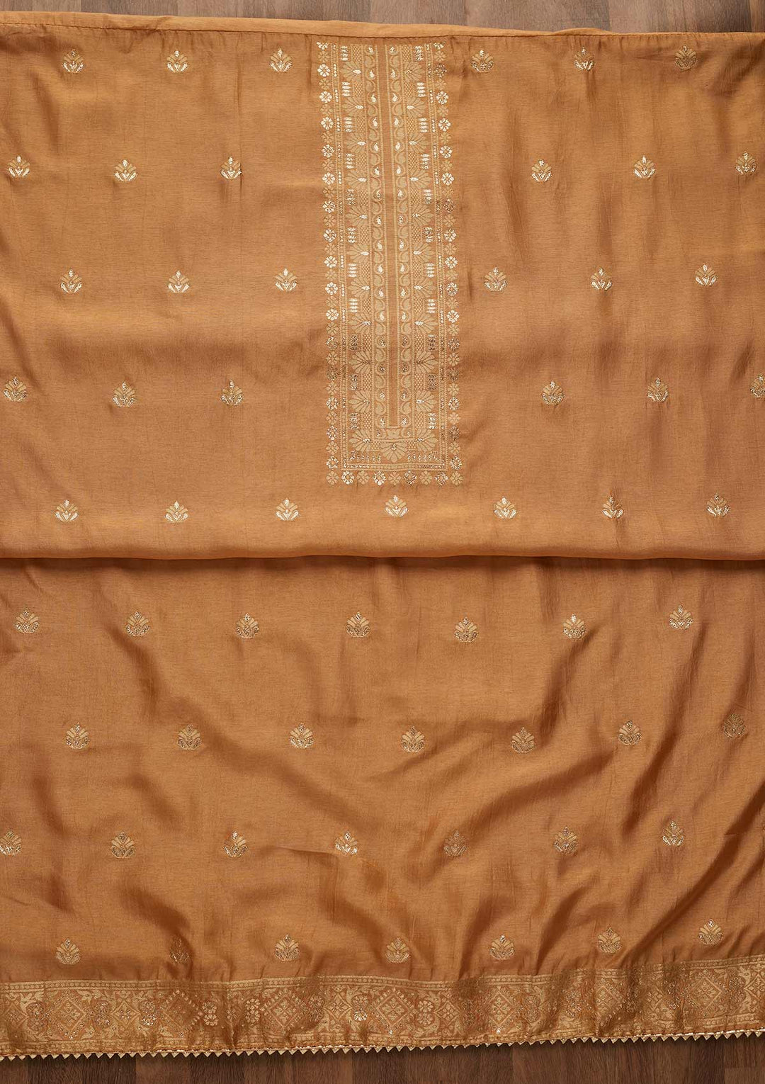 Brown Zariwork Chanderi Unstitched Salwar Suit-Koskii