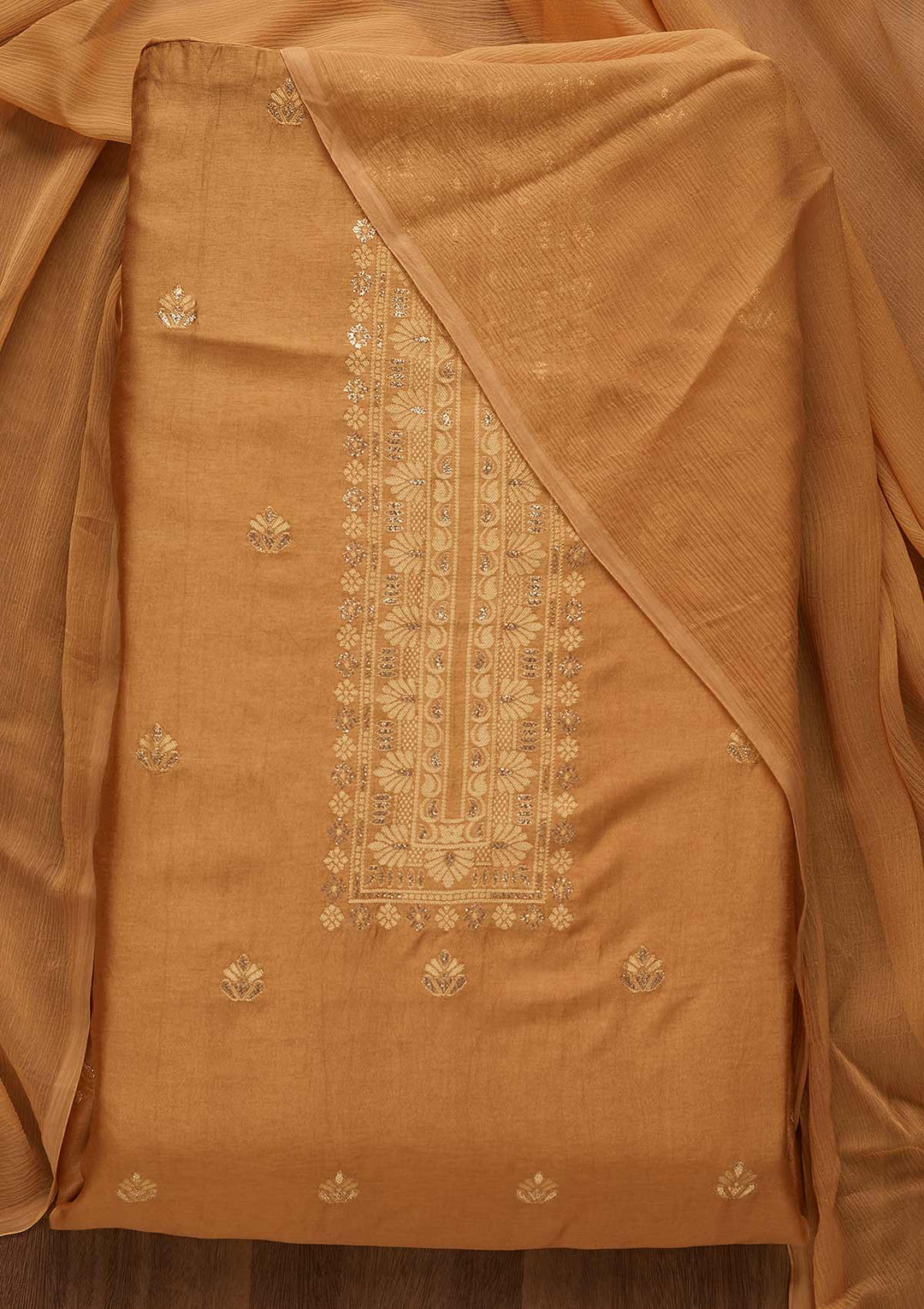 Brown Zariwork Chanderi Unstitched Salwar Suit-Koskii