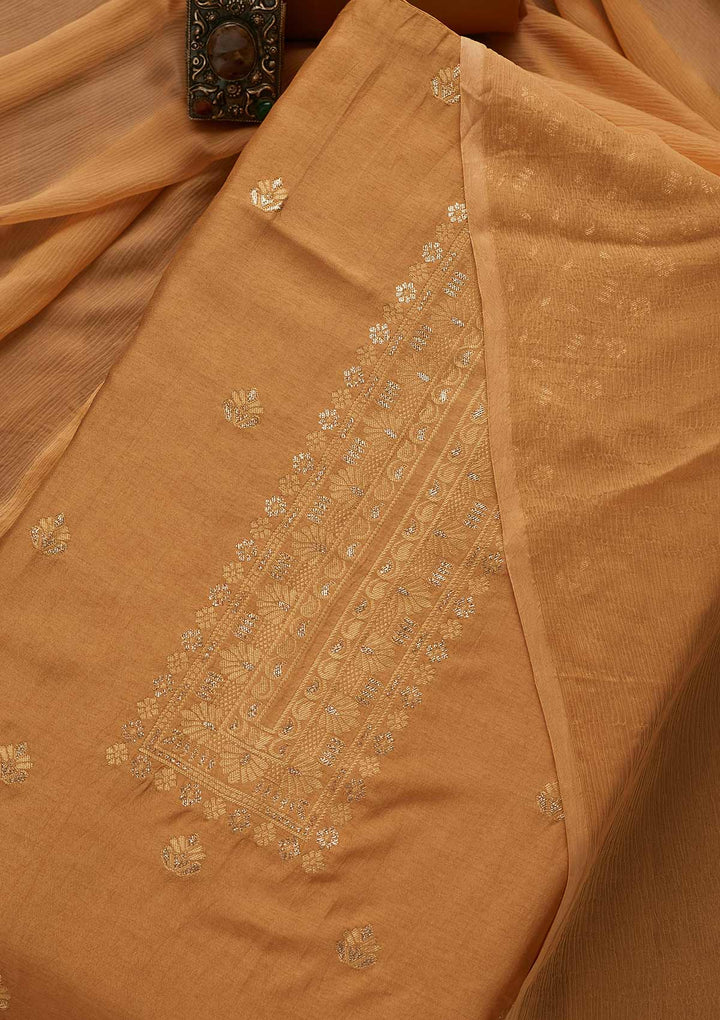 Brown Zariwork Chanderi Unstitched Salwar Suit-Koskii