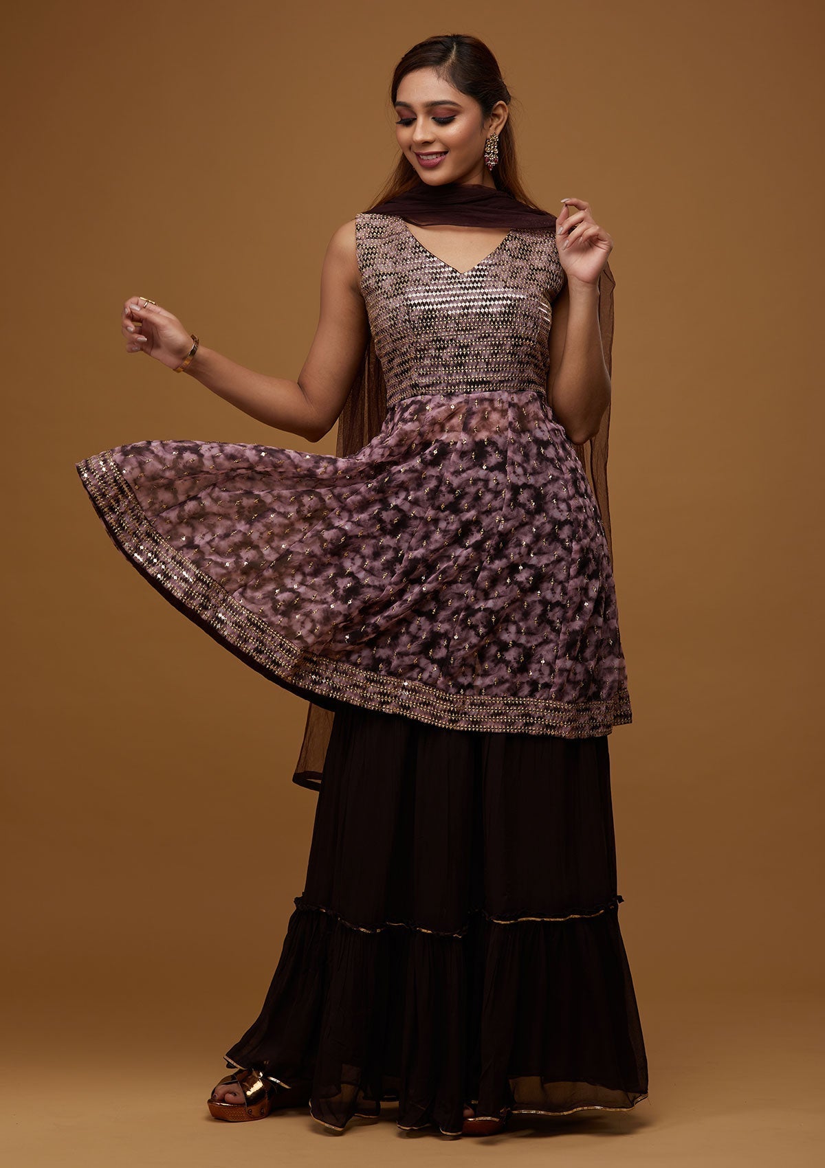 Brown Zariwork Georgette Designer Salwar Suit - Koskii