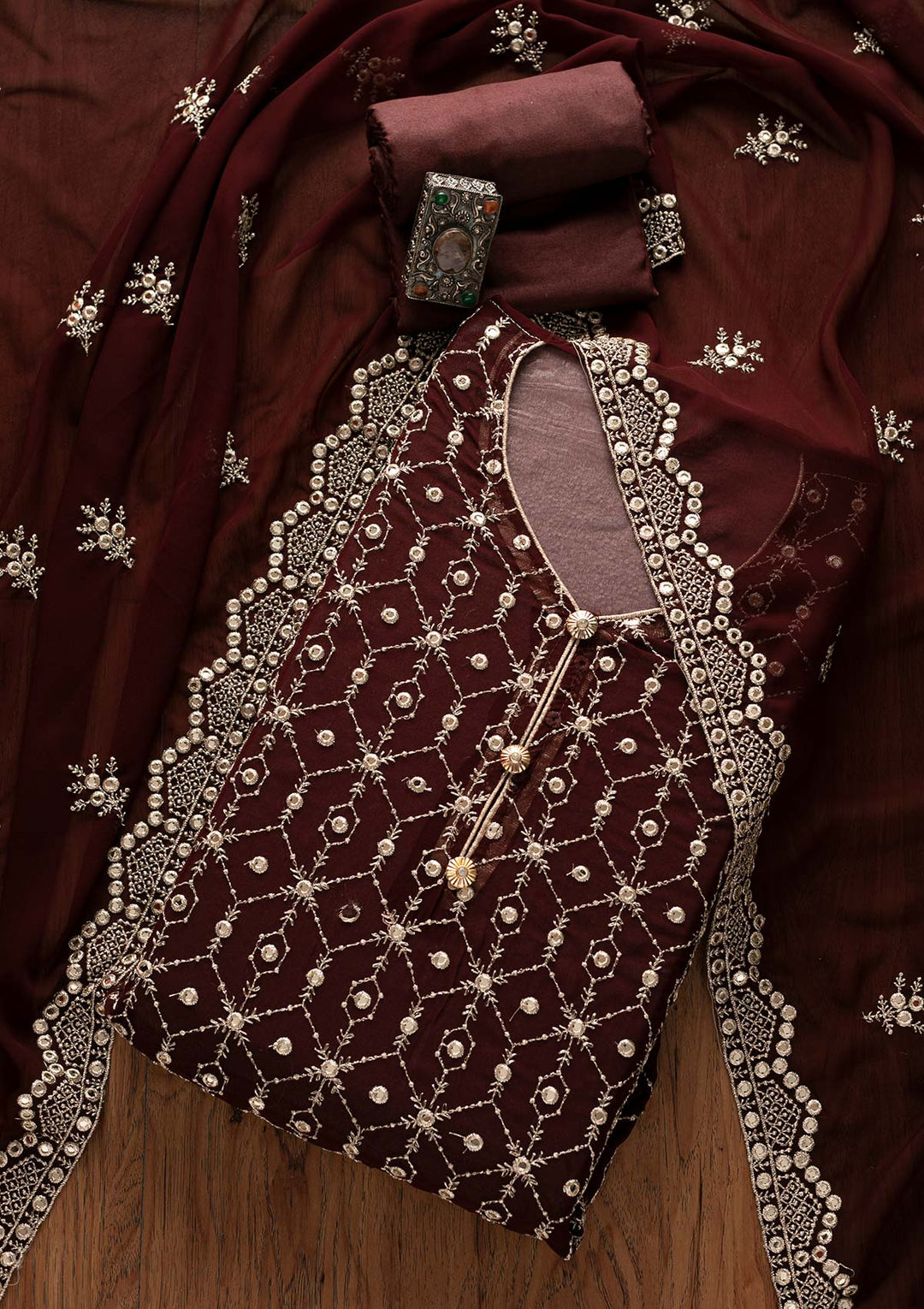 Brown Zariwork Georgette Designer Semi-Stitched Salwar Suit - Koskii