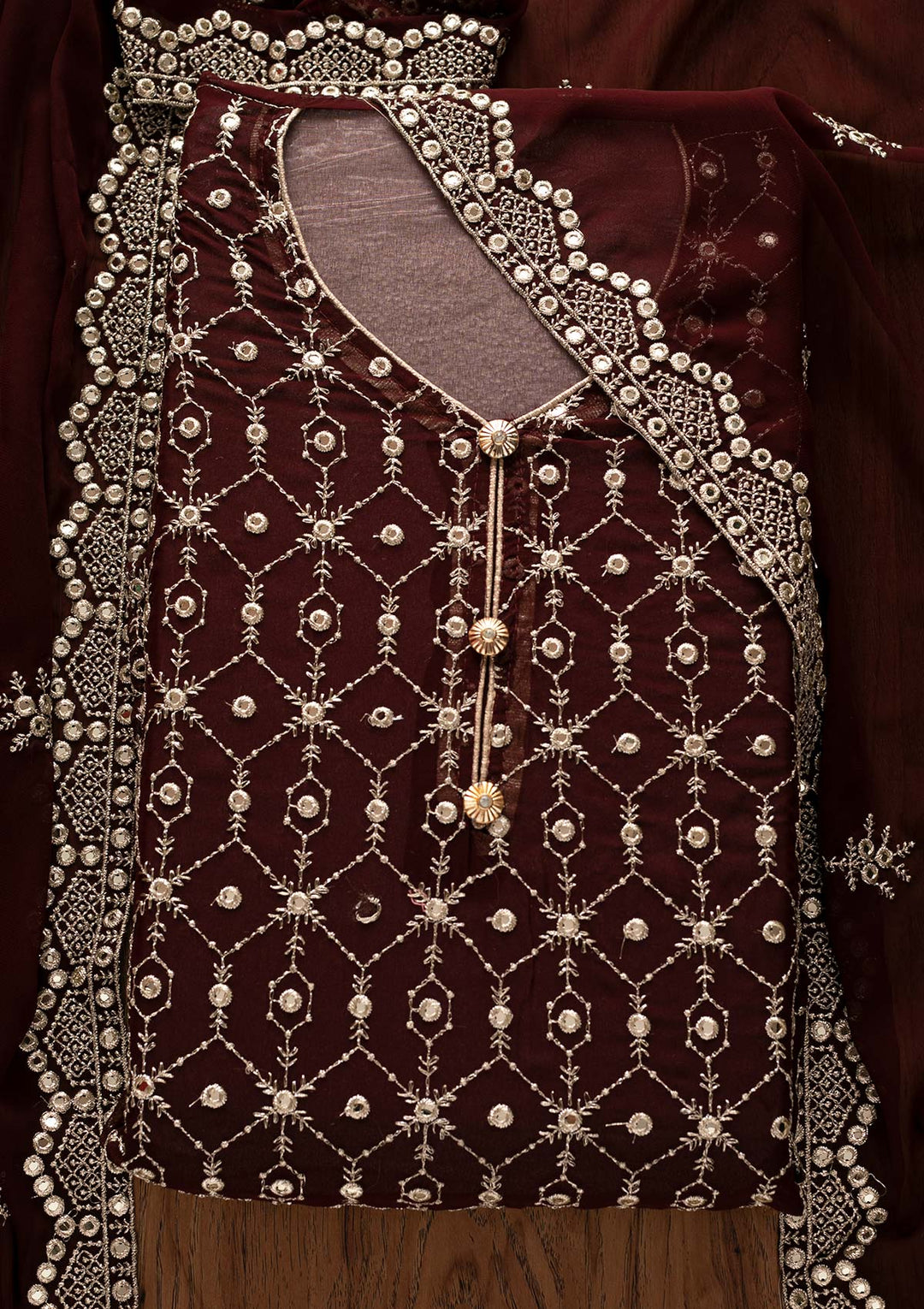 Brown Zariwork Georgette Designer Semi-Stitched Salwar Suit - Koskii