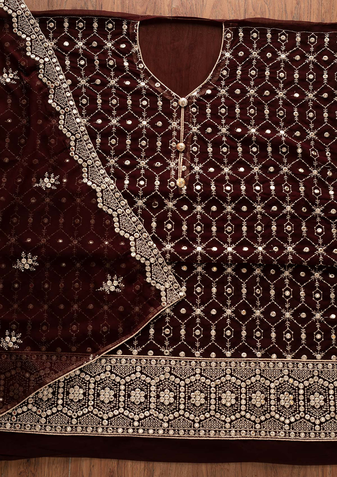 Brown Zariwork Georgette Designer Semi-Stitched Salwar Suit - Koskii