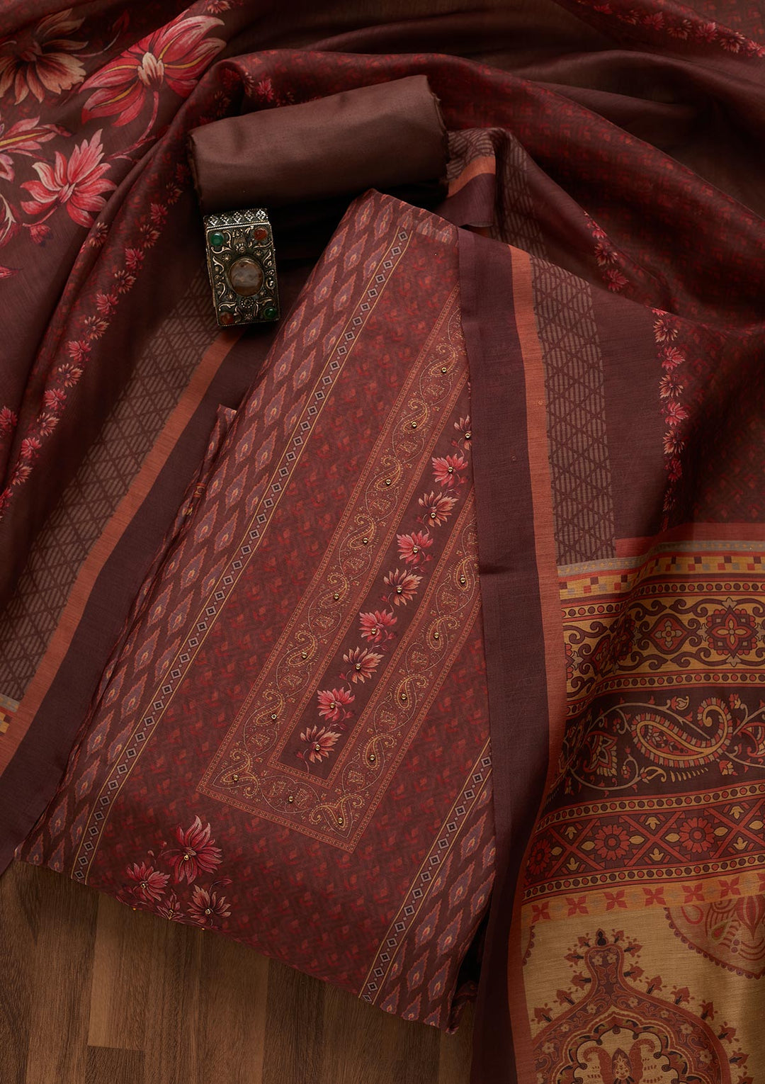 Brown Zariwork Semi Crepe Semi-Stitched Salwar Suit-Koskii