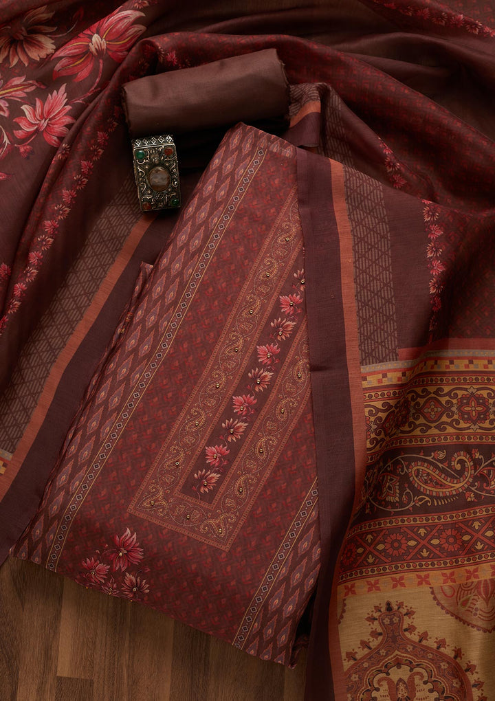 Brown Zariwork Semi Crepe Semi-Stitched Salwar Suit-Koskii