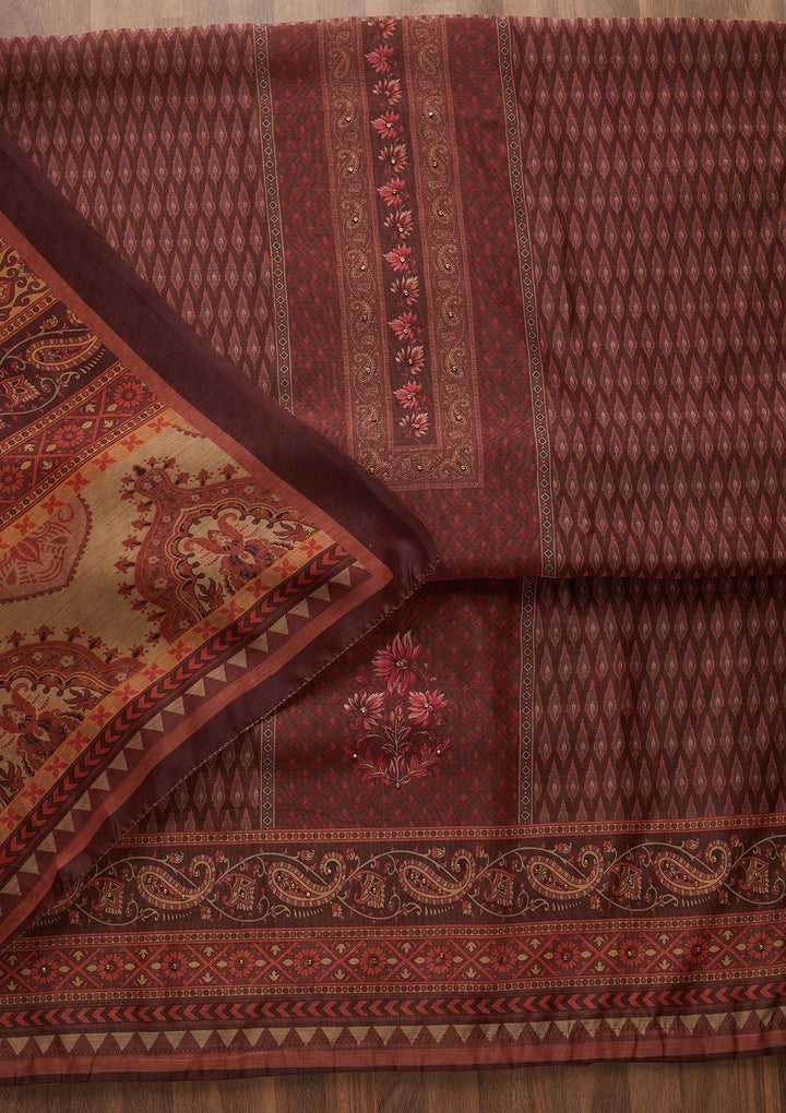 Brown Zariwork Semi Crepe Semi-Stitched Salwar Suit-Koskii