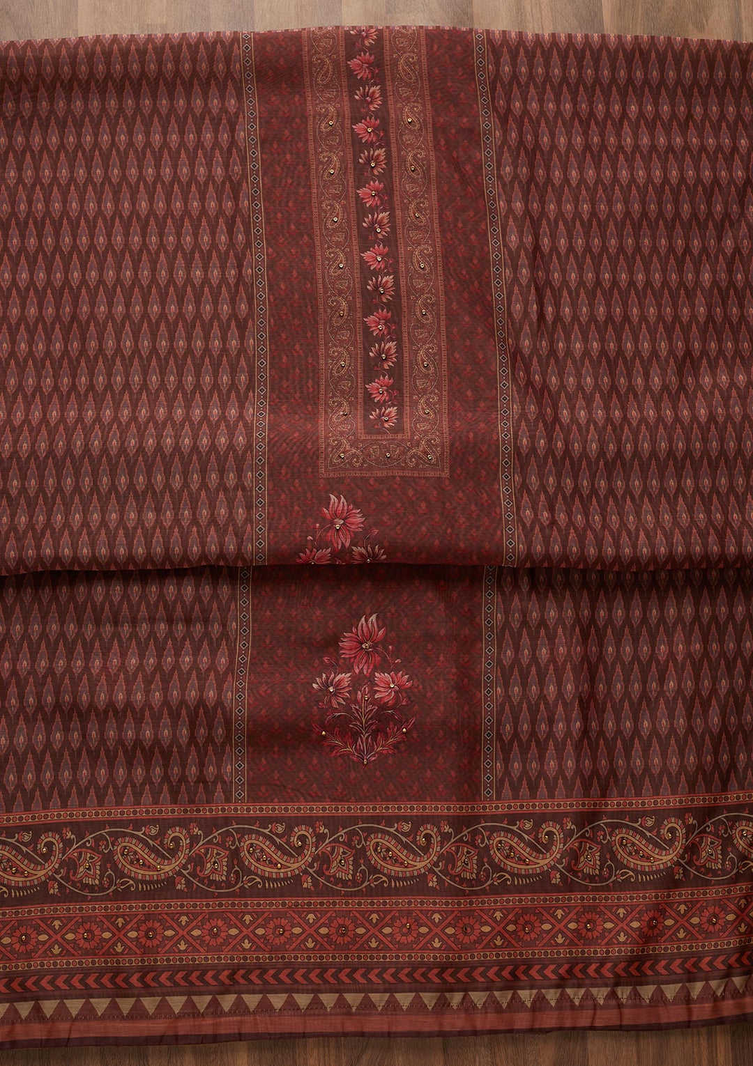 Brown Zariwork Semi Crepe Semi-Stitched Salwar Suit-Koskii
