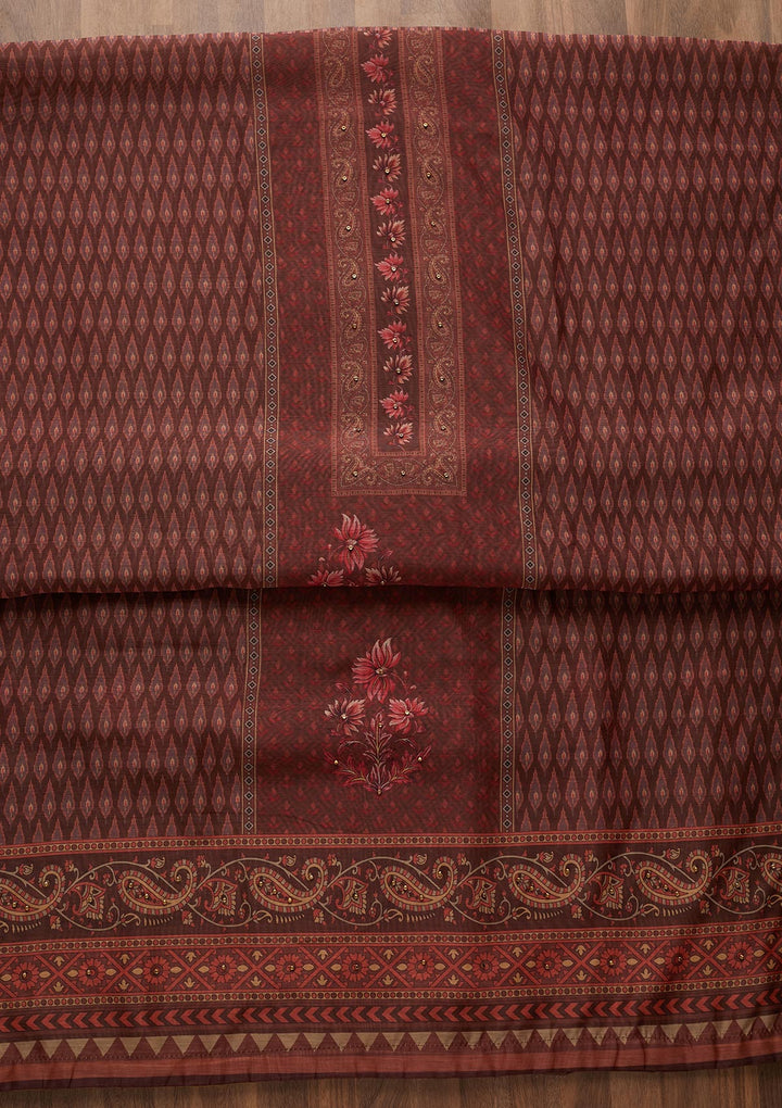 Brown Zariwork Semi Crepe Semi-Stitched Salwar Suit-Koskii