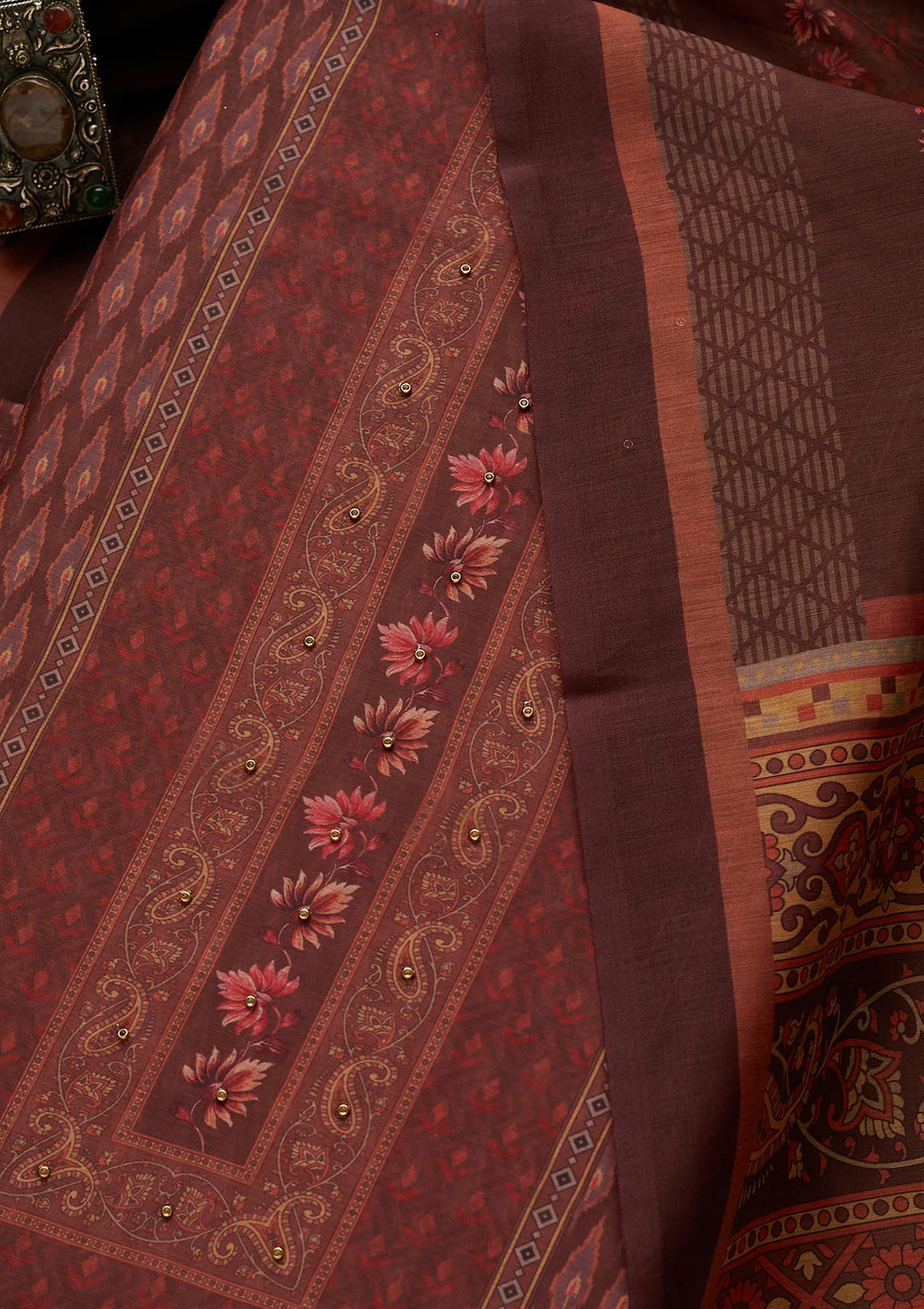 Brown Zariwork Semi Crepe Semi-Stitched Salwar Suit-Koskii