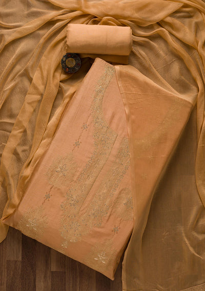 Brown Zariwork Semi Crepe Unstitched Salwar Suit-Koskii