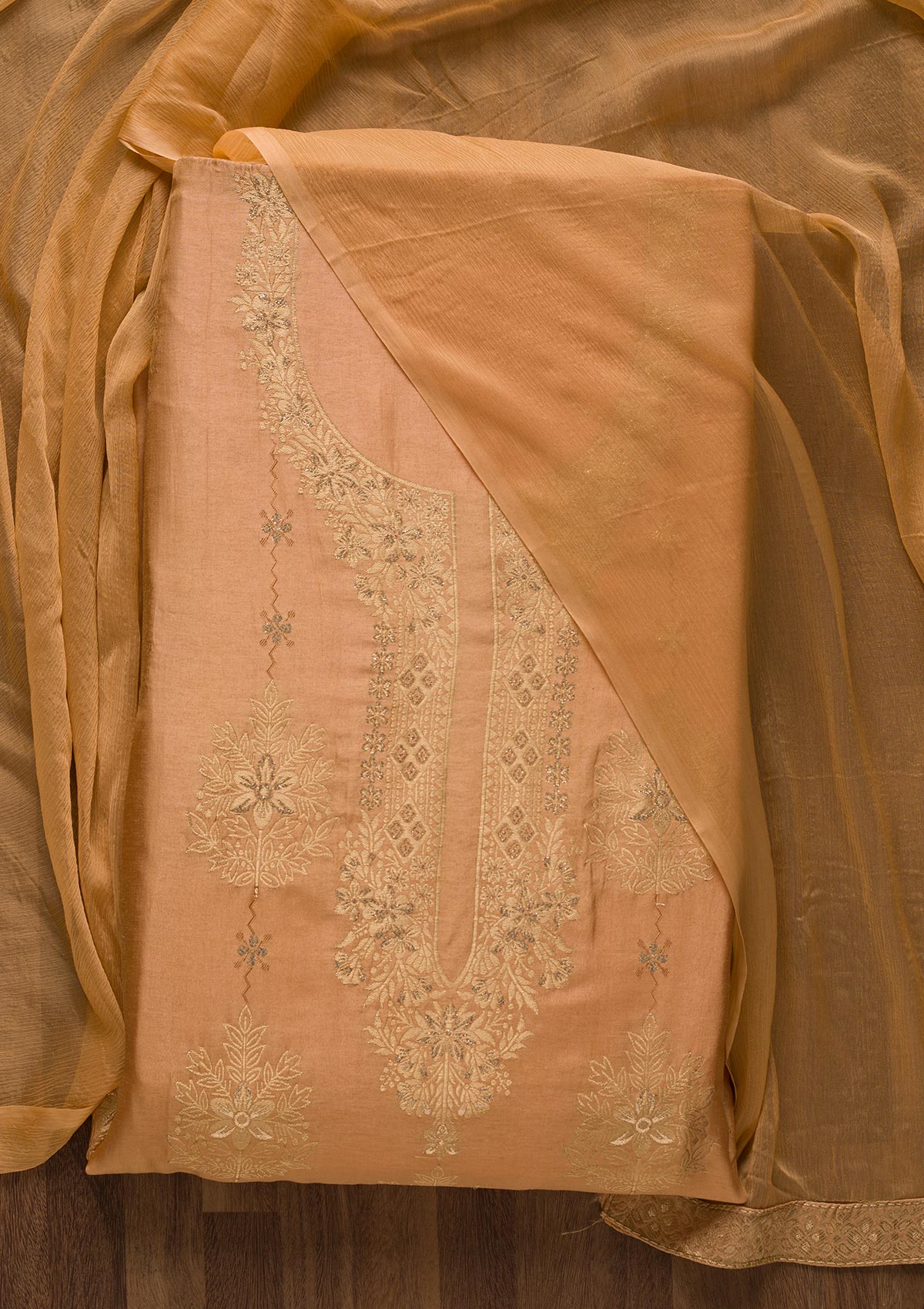Brown Zariwork Semi Crepe Unstitched Salwar Suit-Koskii