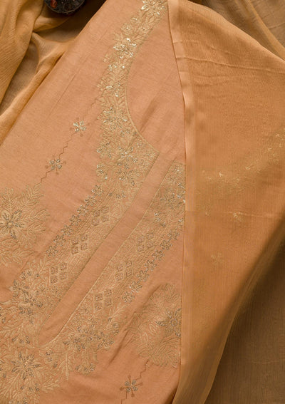 Brown Zariwork Semi Crepe Unstitched Salwar Suit-Koskii