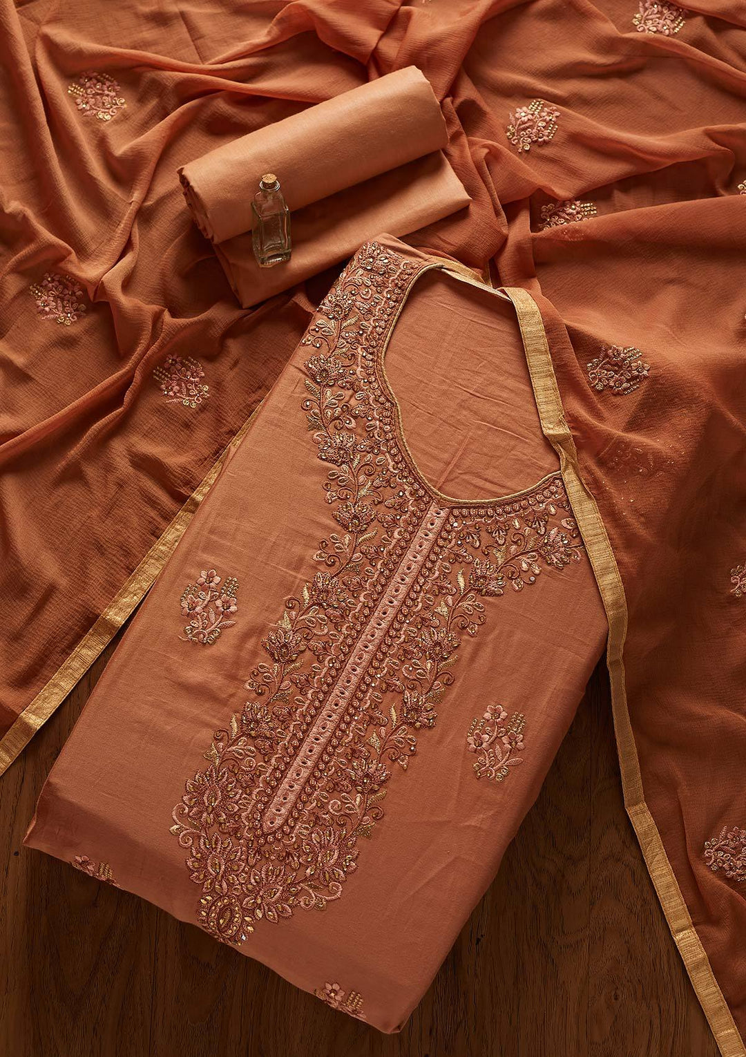 Copper Threadwork Chanderi Designer Unstitched Salwar Suit - koskii