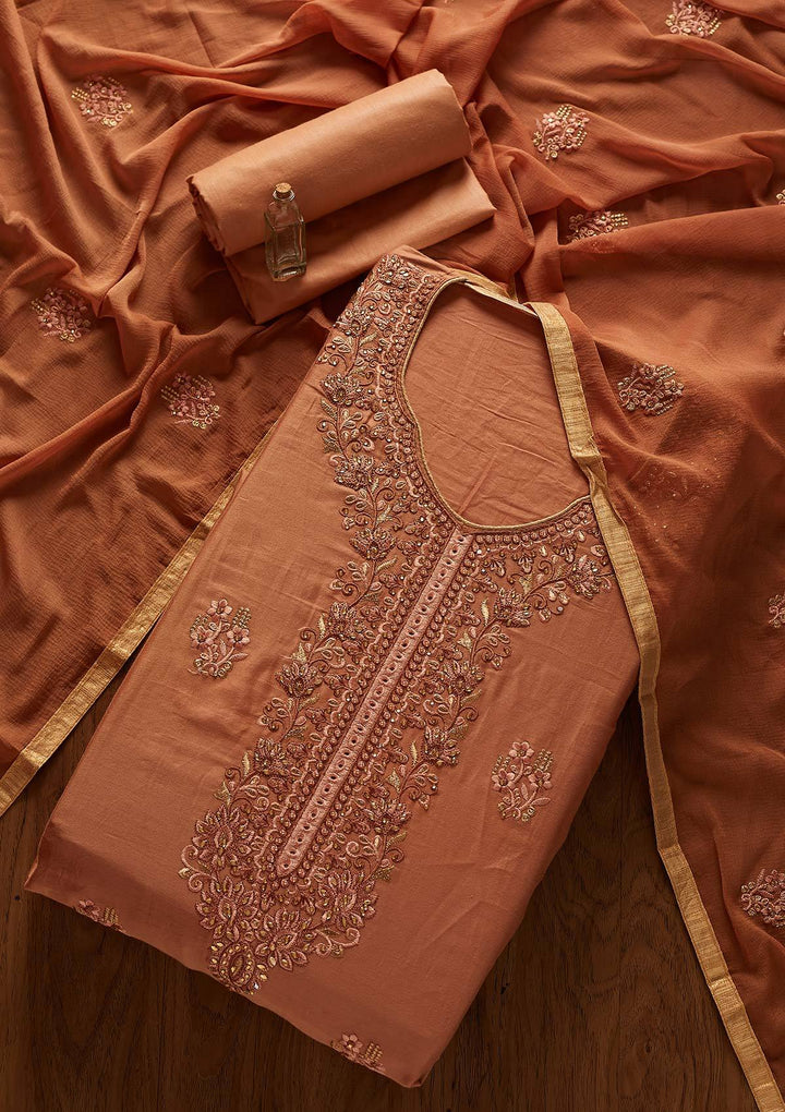 Copper Threadwork Chanderi Designer Unstitched Salwar Suit - koskii