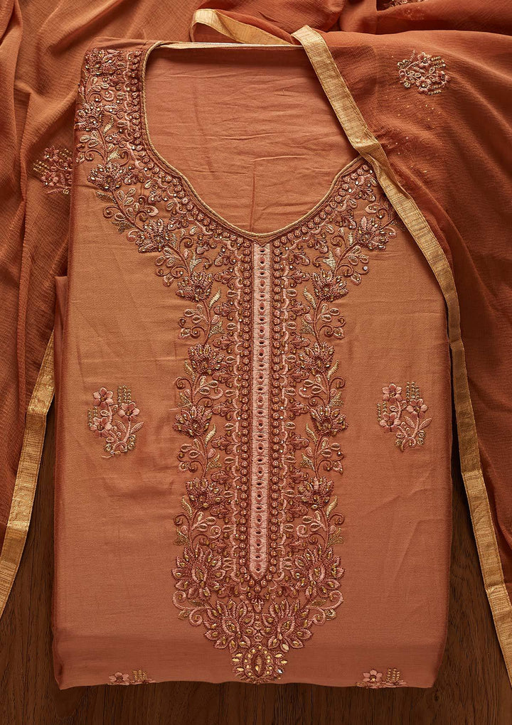 Copper Threadwork Chanderi Designer Unstitched Salwar Suit - koskii